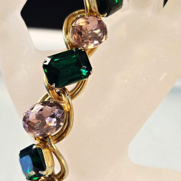 Mid-Century Clamper Bracelet Vintage Rhinestone Green Pink - Picture 2 of 9